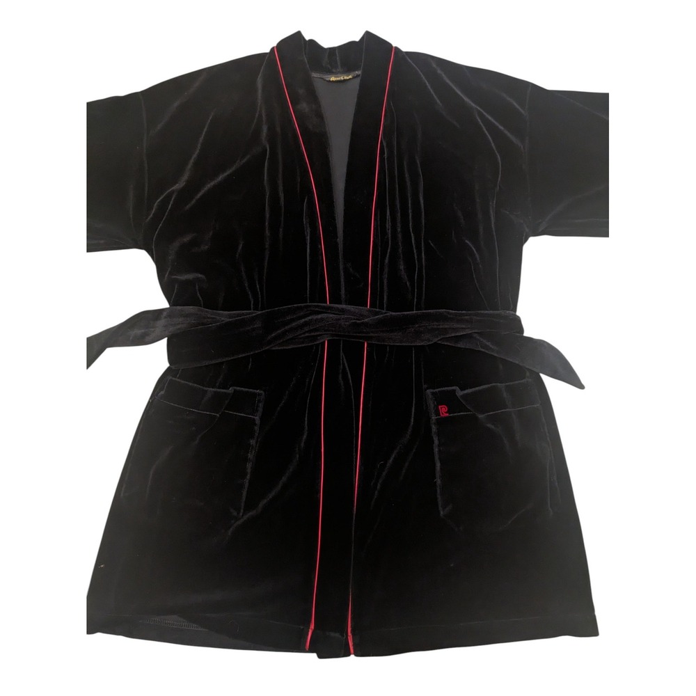 Pierre Cardin Robe Black Velvet Red Trimmed Belted Short Sleeve‎ Pockets Retro